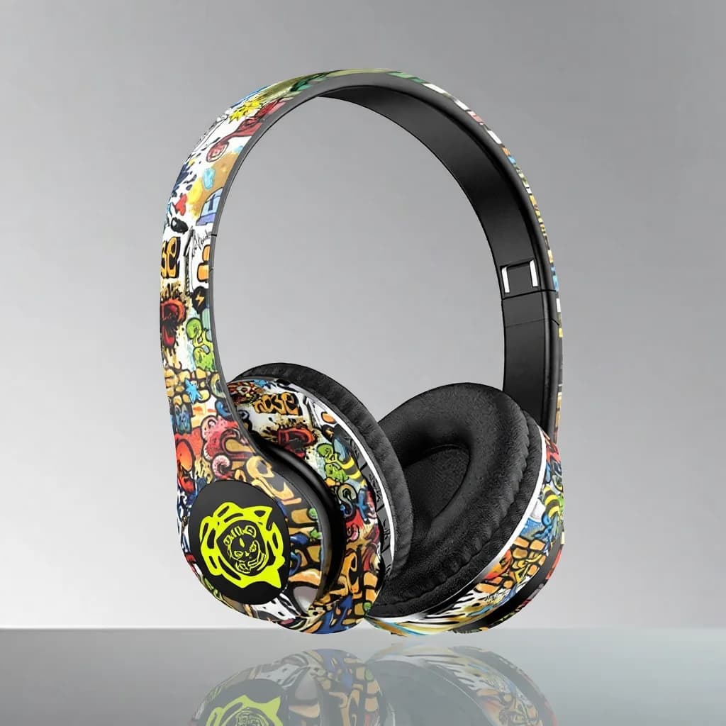 Trådløse Bluetooth-hodetelefoner over øret med graffiti-design, foldbare