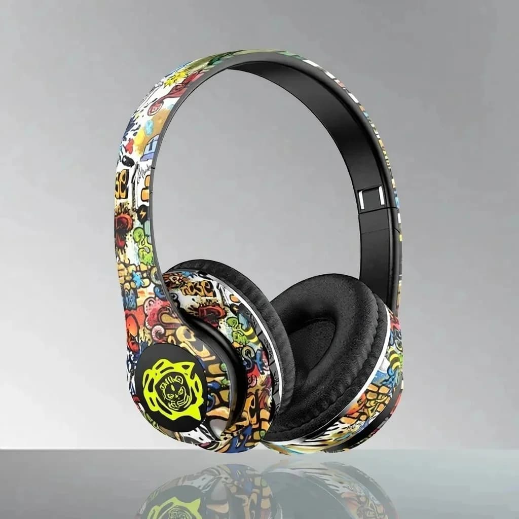 Trådløse Bluetooth-hodetelefoner over øret med graffiti-design, foldbare