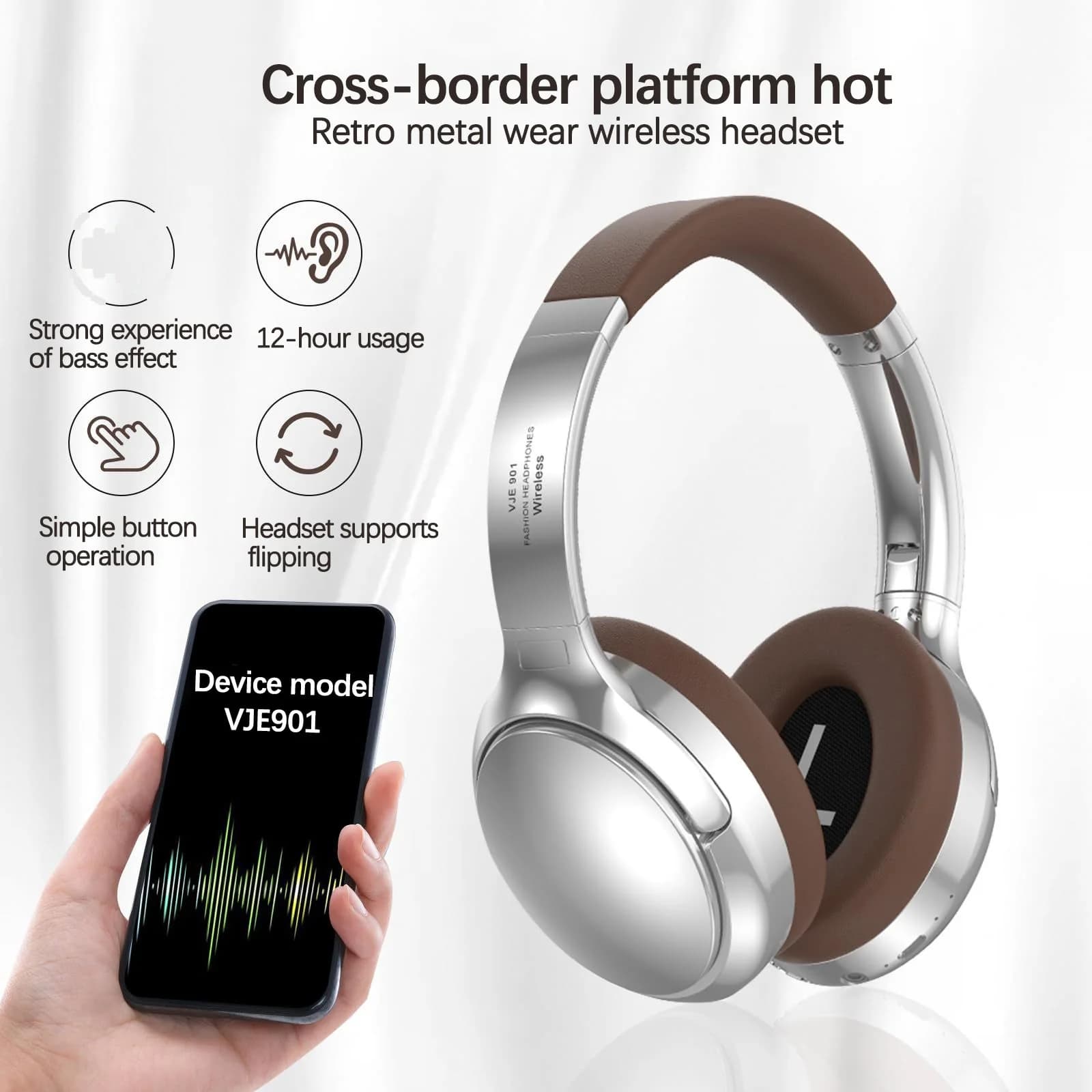 Retro trådløse Bluetooth-hodetelefoner over-ear stereo med mikrofon