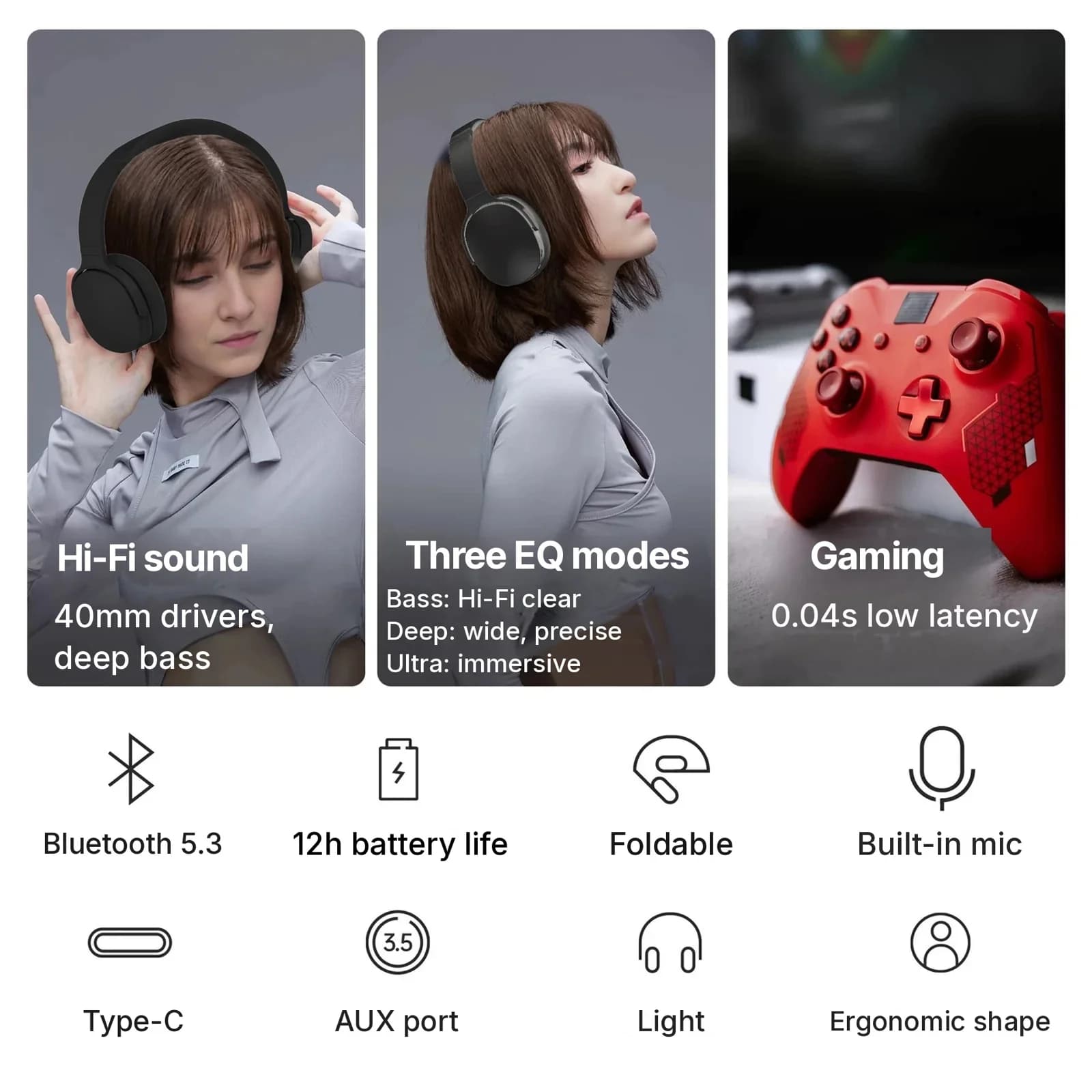 Trådløse hodetelefoner over øret med Bluetooth, tre EQ-moduser og mikrofon