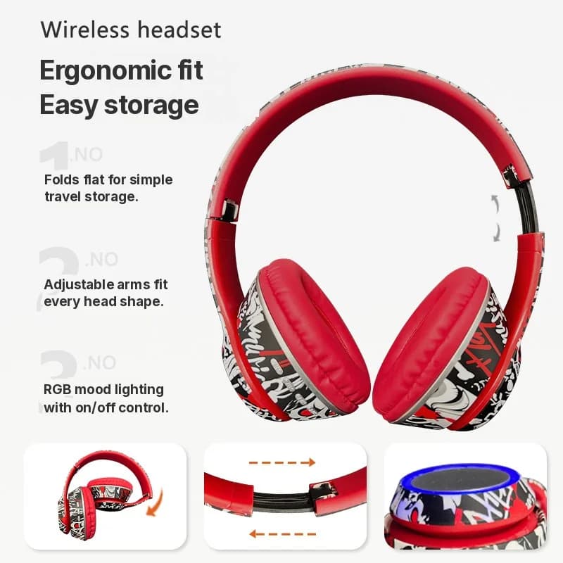 Graffiti over-ear Bluetooth-hodetelefoner med LED-lys og dyp bass