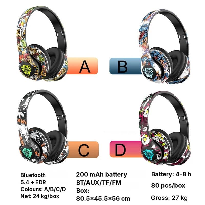 Trådløse Bluetooth-hodetelefoner over øret med graffiti-design, foldbare
